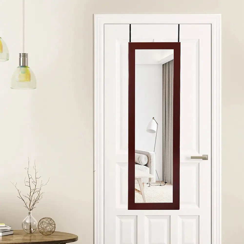 Lockable Wall Door Mounted Mirror Jewelry Cabinet with LED Lights-Brown - Brown - Jewelry Armoires