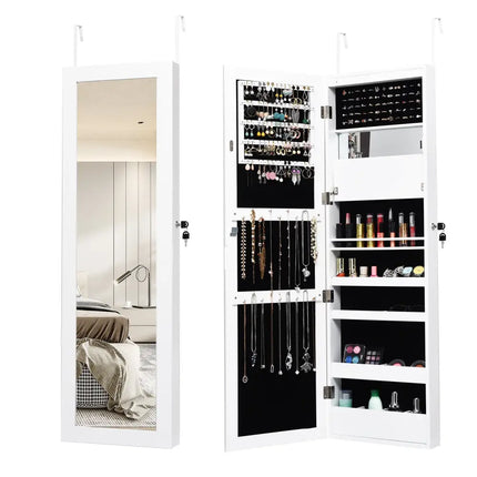 Lockable Wall Door Mounted Mirror Jewelry Cabinet with LED Lights-White - White - Jewelry Armoires
