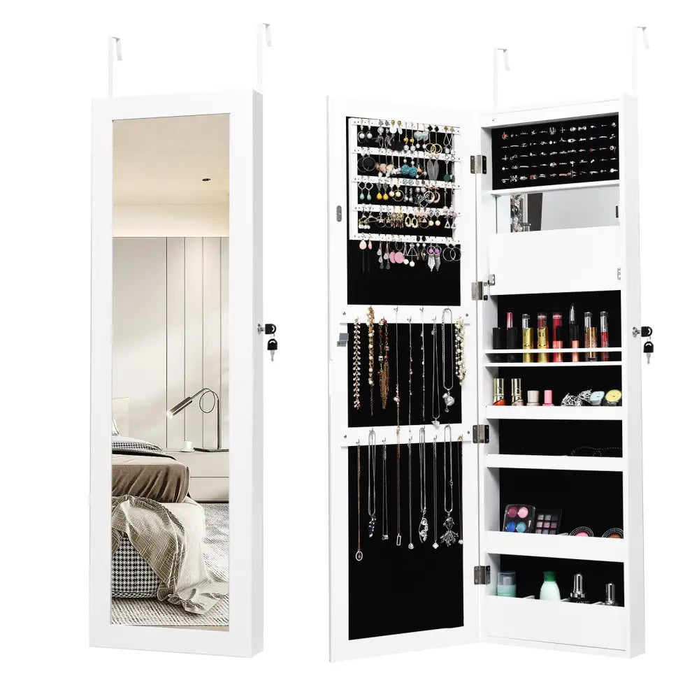 Lockable Wall Door Mounted Mirror Jewelry Cabinet with LED Lights-White - White - Jewelry Armoires