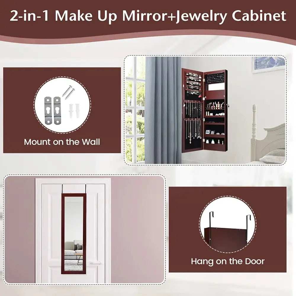 Lockable Wall Door Mounted Mirror Jewelry Cabinet with LED Lights-Brown - Brown - Jewelry Armoires