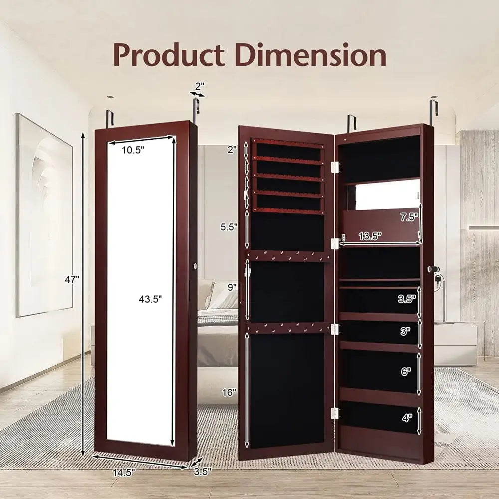 Lockable Wall Door Mounted Mirror Jewelry Cabinet with LED Lights-Brown - Brown - Jewelry Armoires