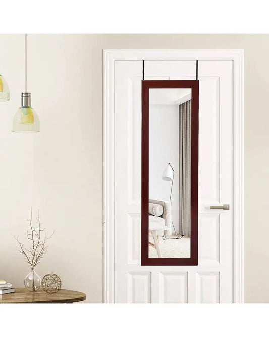 Lockable Wall Door Mounted Mirror Jewelry Cabinet with LED Lights-Brown - Brown - Jewelry Armoires