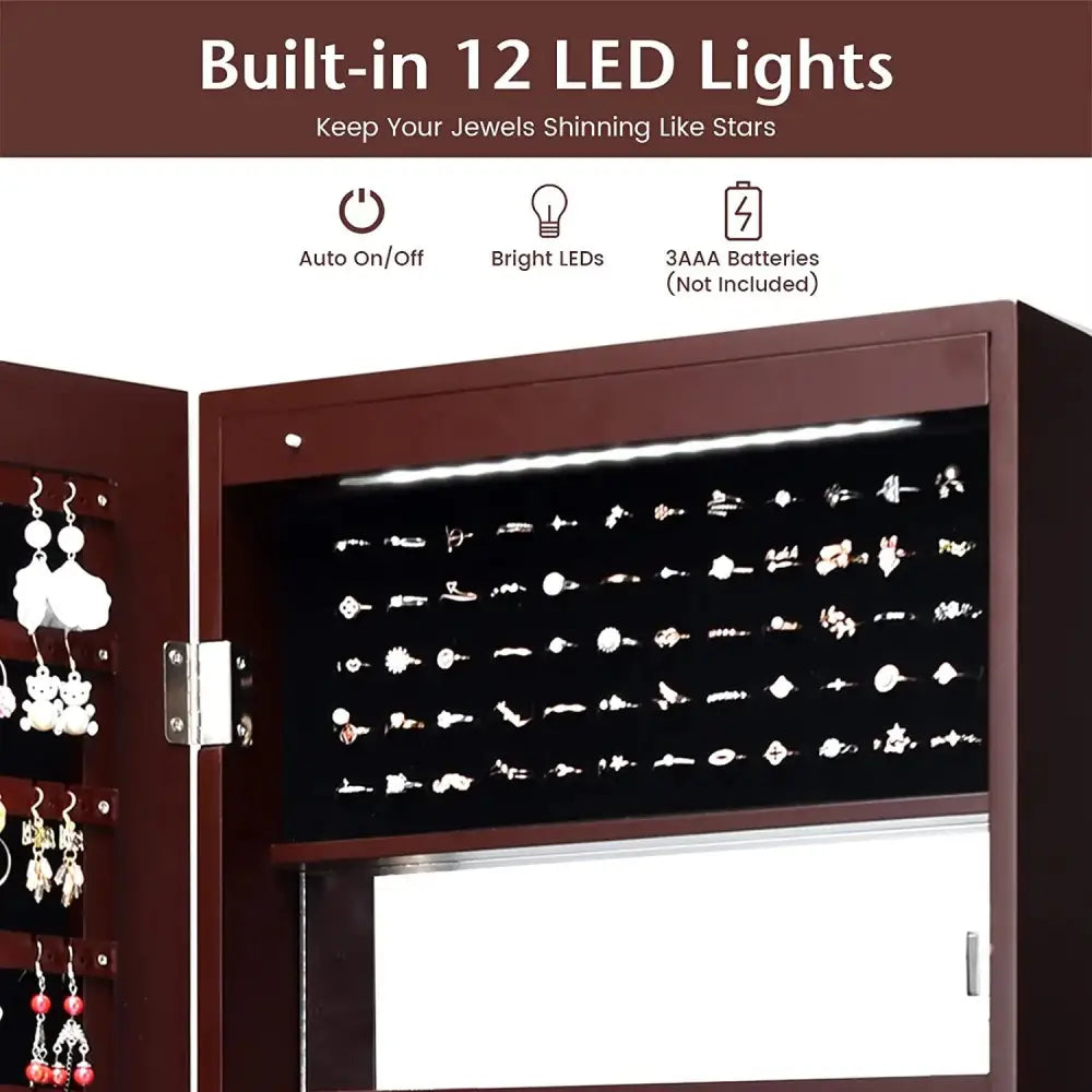Lockable Wall Door Mounted Mirror Jewelry Cabinet with LED Lights-Brown - Brown - Jewelry Armoires