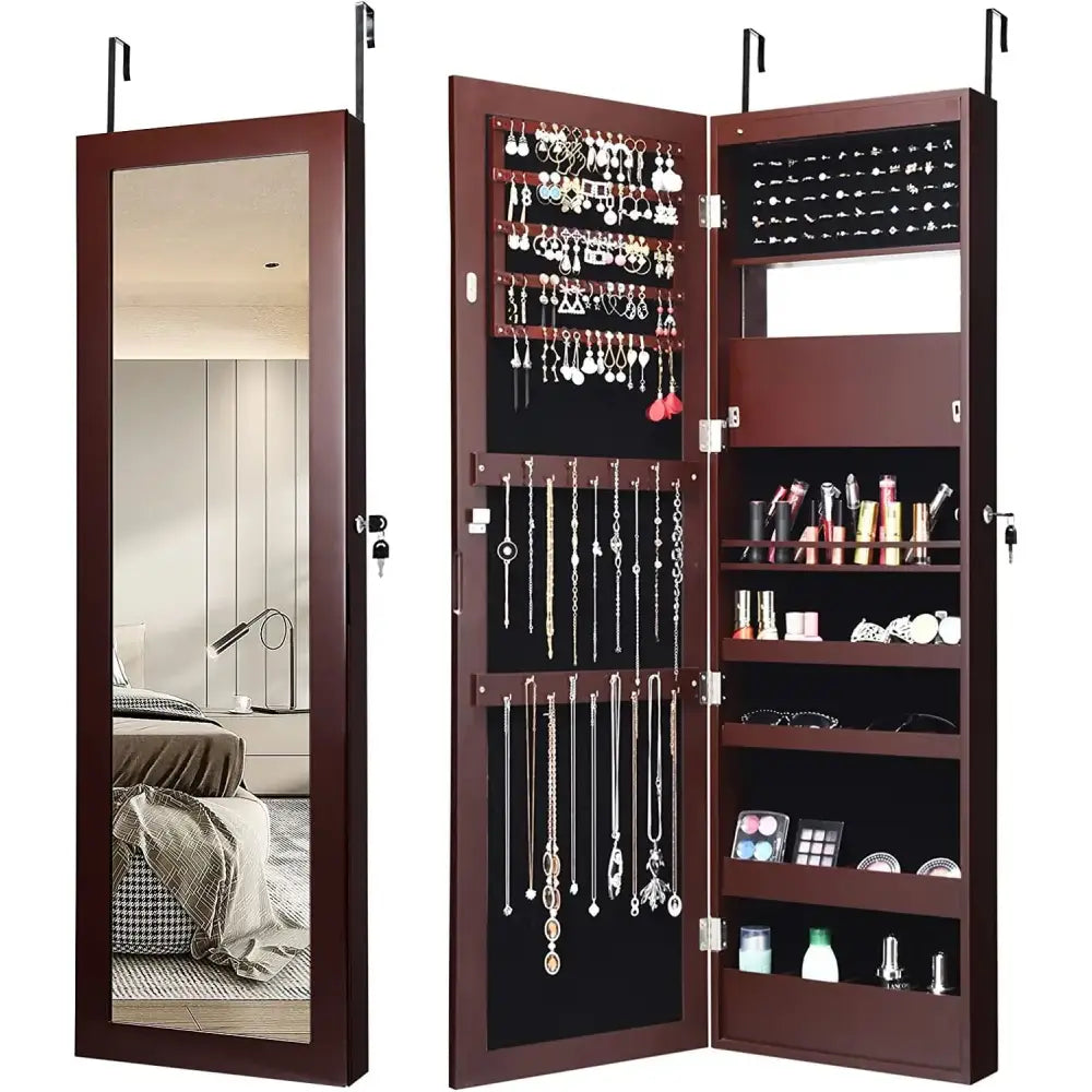 Lockable Wall Door Mounted Mirror Jewelry Cabinet with LED Lights-Brown - Brown - Jewelry Armoires