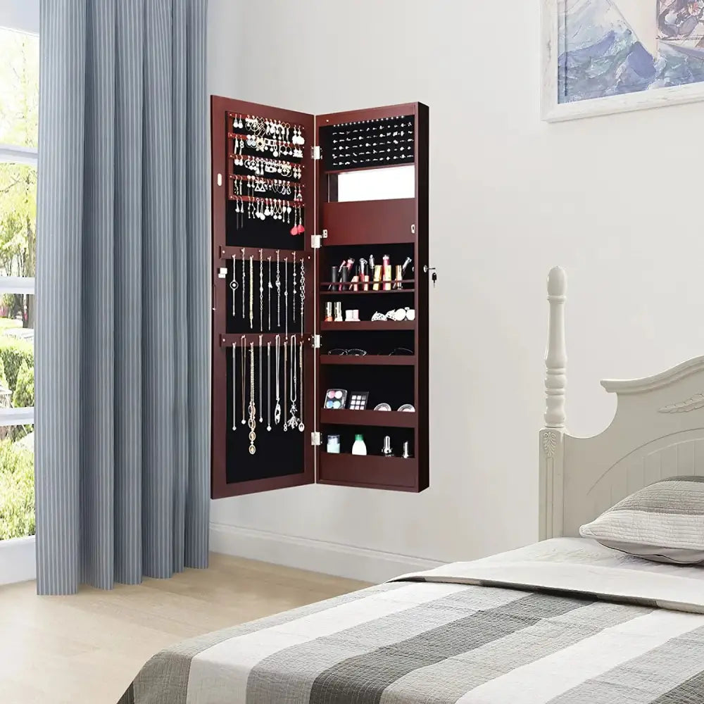 Lockable Wall Door Mounted Mirror Jewelry Cabinet with LED Lights-Brown - Brown - Jewelry Armoires