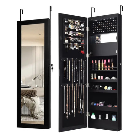 Lockable Wall Door Mounted Mirror Jewelry Cabinet with LED Lights-Black - Black - Jewelry Armoires