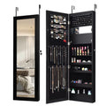 Lockable Wall Door Mounted Mirror Jewelry Cabinet with LED Lights-Black - Black - Jewelry Armoires
