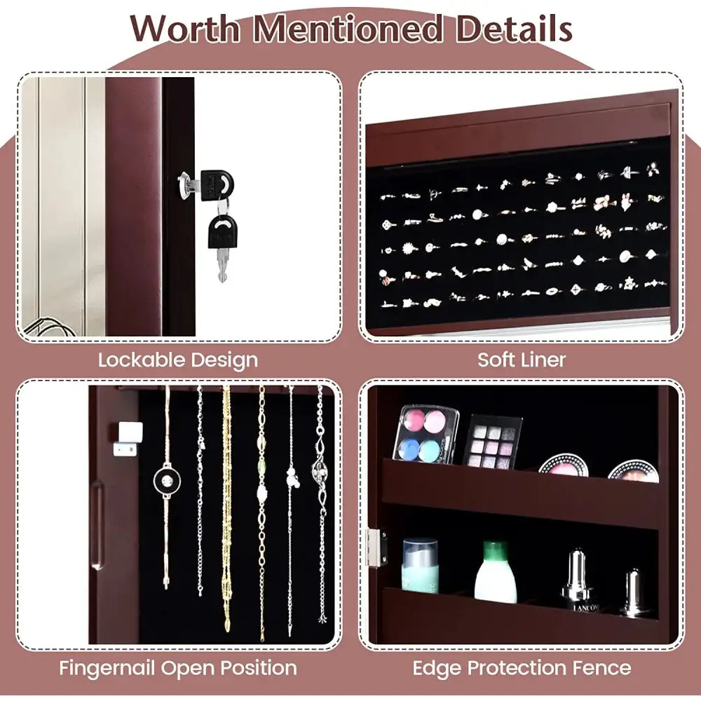 Lockable Wall Door Mounted Mirror Jewelry Cabinet with LED Lights-Brown - Brown - Jewelry Armoires