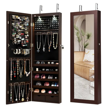 Lockable Wall Mount Mirrored Jewelry Cabinet with LED Lights-Brown - Brown - Jewelry Armoires