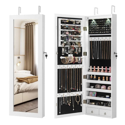 Lockable Wall Mount Mirrored Jewelry Cabinet with LED Lights-White - White - Jewelry Armoires