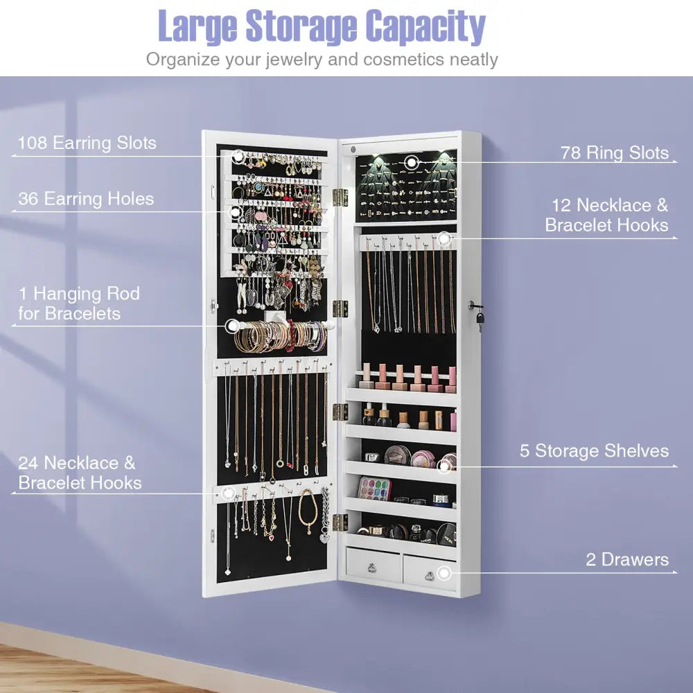 Lockable Wall Mount Mirrored Jewelry Cabinet with LED Lights-White - White - Jewelry Armoires
