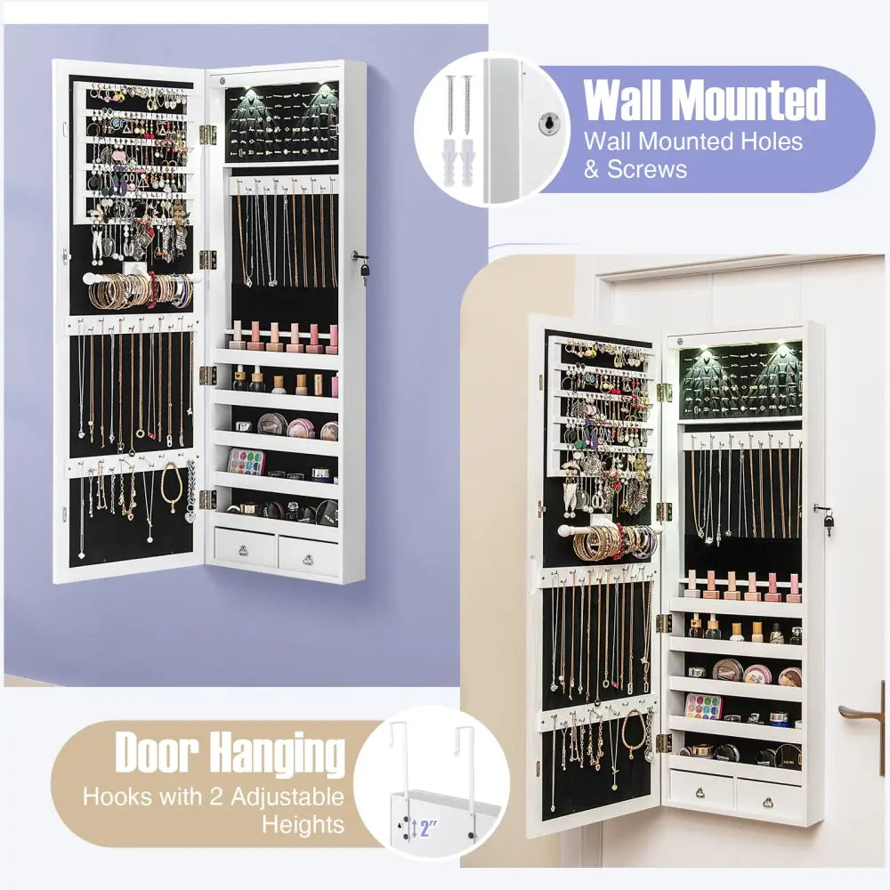 Lockable Wall Mount Mirrored Jewelry Cabinet with LED Lights-White - White - Jewelry Armoires