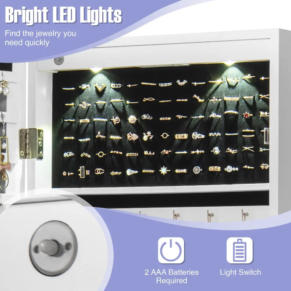 Lockable Wall Mount Mirrored Jewelry Cabinet with LED Lights-White - White - Jewelry Armoires