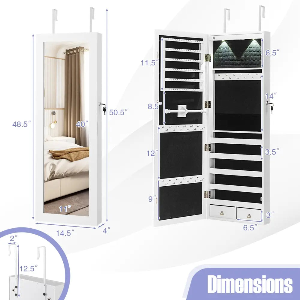 Lockable Wall Mount Mirrored Jewelry Cabinet with LED Lights-White - White - Jewelry Armoires