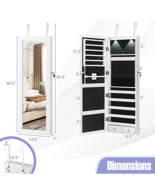 Lockable Wall Mount Mirrored Jewelry Cabinet with LED Lights-White - White - Jewelry Armoires