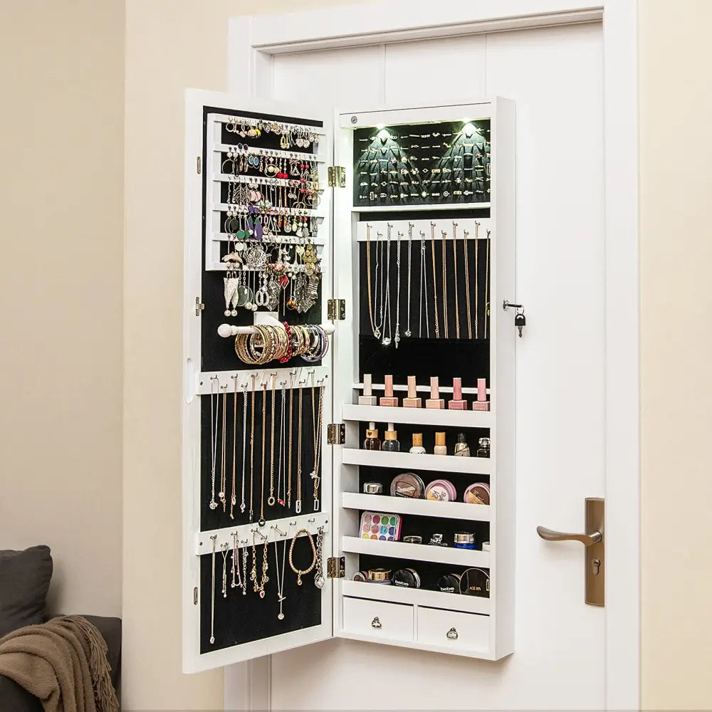 Lockable Wall Mount Mirrored Jewelry Cabinet with LED Lights-White - White - Jewelry Armoires