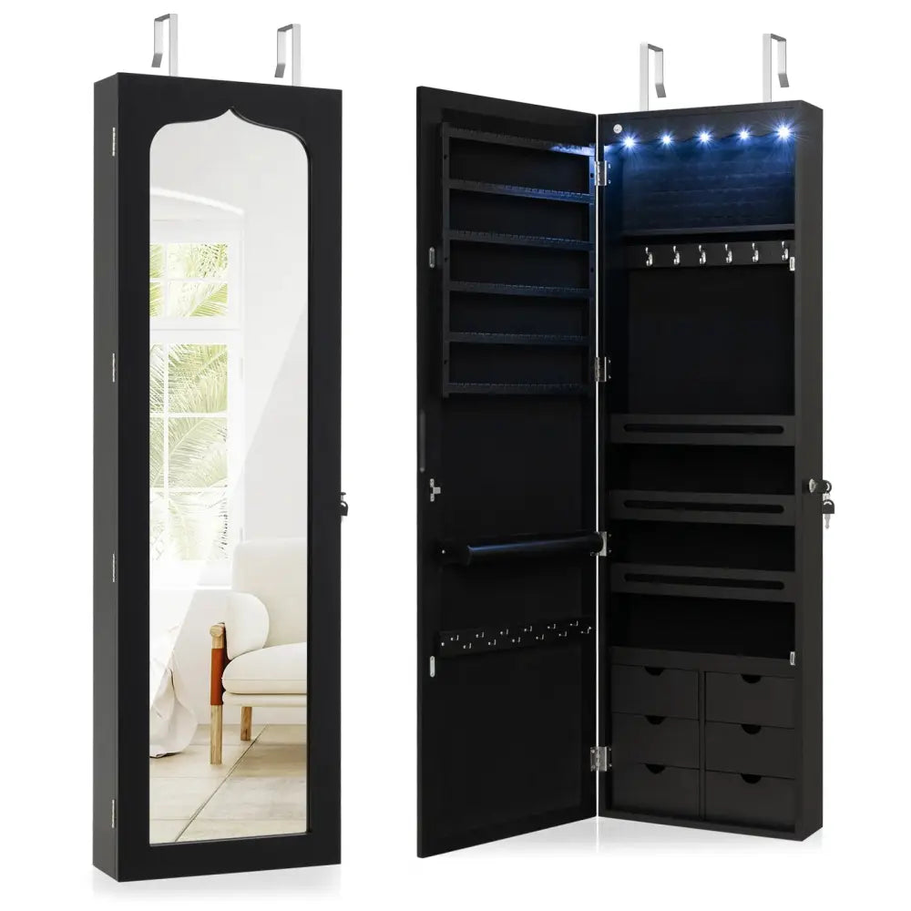 Lockable Wall Mounted Mirror Jewelry Armoire with 5 LEDs and 6 Drawers-Black - Black - Jewelry Armoires