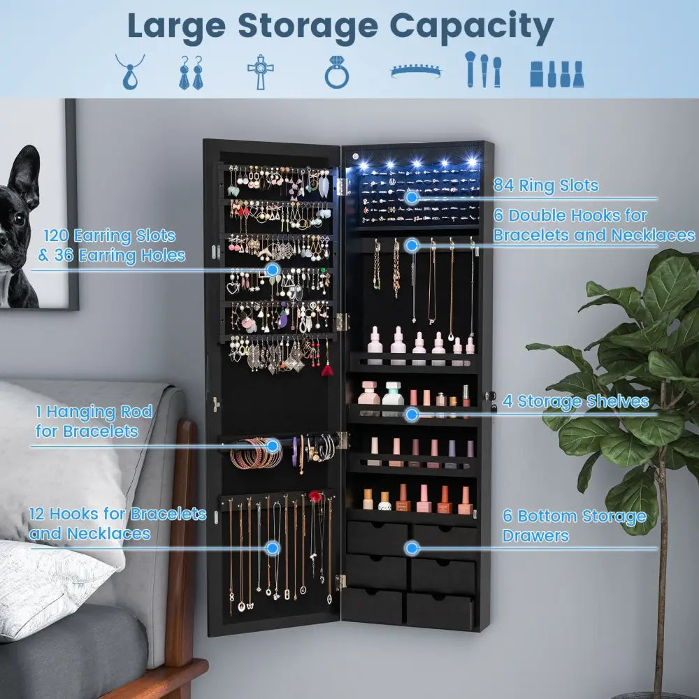 Lockable Wall Mounted Mirror Jewelry Armoire with 5 LEDs and 6 Drawers-Black - Black - Jewelry Armoires