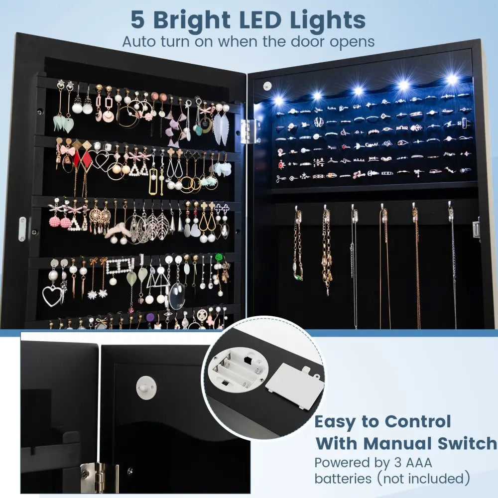 Lockable Wall Mounted Mirror Jewelry Armoire with 5 LEDs and 6 Drawers-Black - Black - Jewelry Armoires