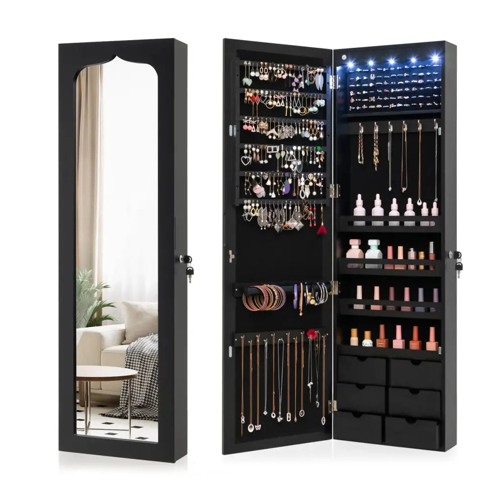 Lockable Wall Mounted Mirror Jewelry Armoire with 5 LEDs and 6 Drawers-Black - Black - Jewelry Armoires