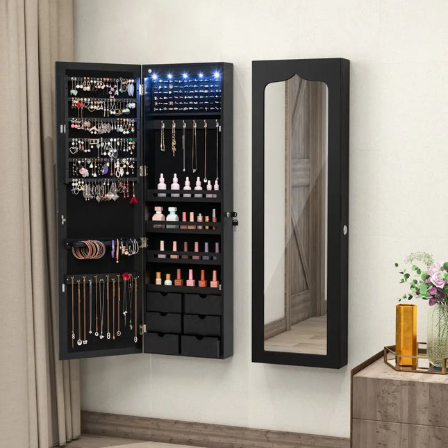 Lockable Wall Mounted Mirror Jewelry Armoire with 5 LEDs and 6 Drawers-Black - Black - Jewelry Armoires