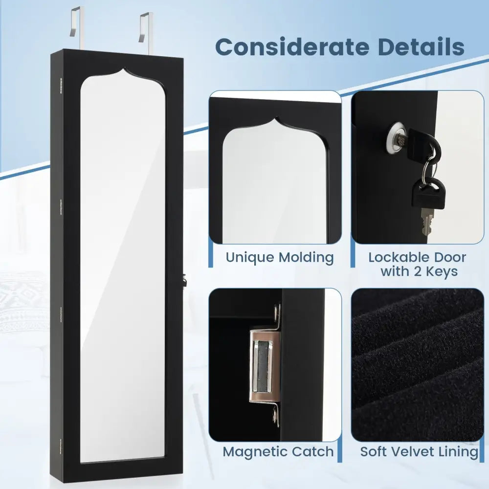 Lockable Wall Mounted Mirror Jewelry Armoire with 5 LEDs and 6 Drawers-Black - Black - Jewelry Armoires
