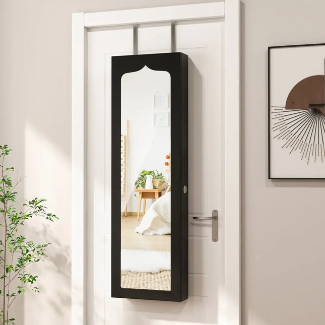 Lockable Wall Mounted Mirror Jewelry Armoire with 5 LEDs and 6 Drawers-Black - Black - Jewelry Armoires