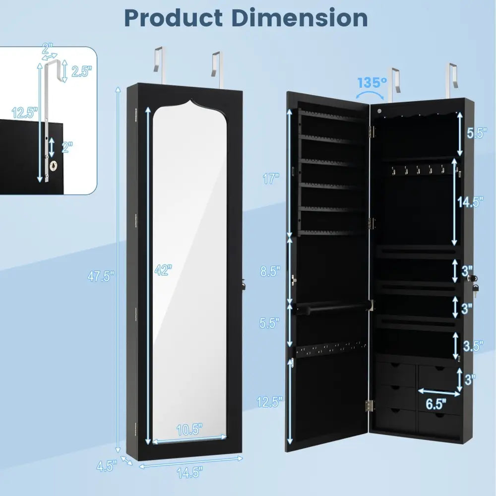 Lockable Wall Mounted Mirror Jewelry Armoire with 5 LEDs and 6 Drawers-Black - Black - Jewelry Armoires