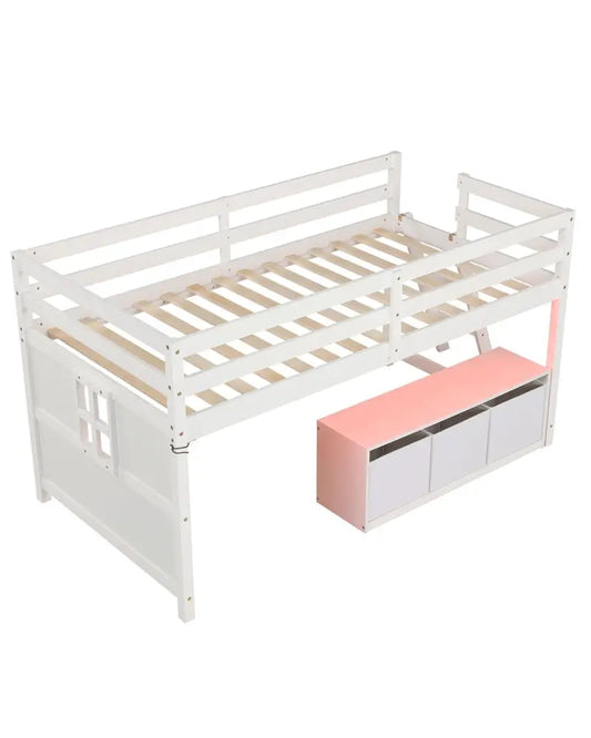 Loft Bed with Adjustable Lights Remote Control and 3 Removable Fabric Drawers-Twin size - Bunk Bed Frame