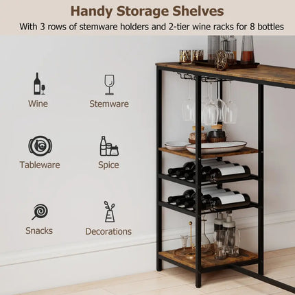 Long Bar Table Bar Height Dining Table with Storage Shelves-Rustic Brown - Rustic Brown - Bar Tables