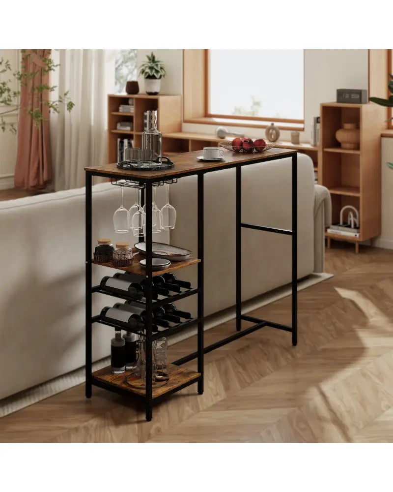 Long Bar Table Bar Height Dining Table with Storage Shelves-Rustic Brown - Rustic Brown - Bar Tables