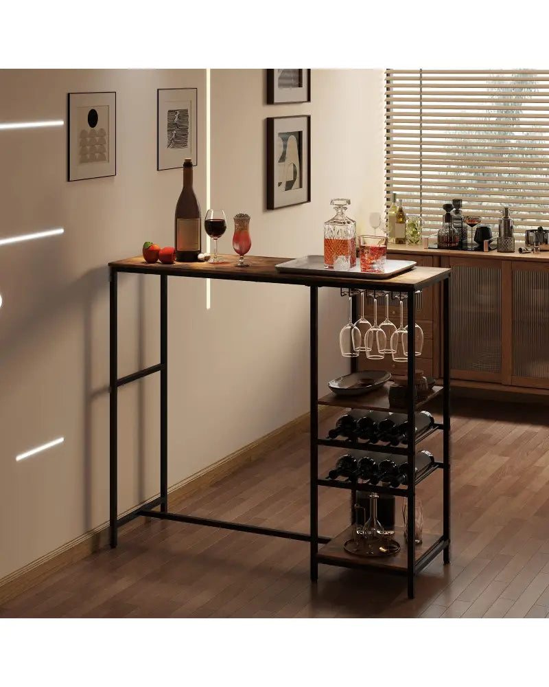 Long Bar Table Bar Height Dining Table with Storage Shelves-Rustic Brown - Rustic Brown - Bar Tables