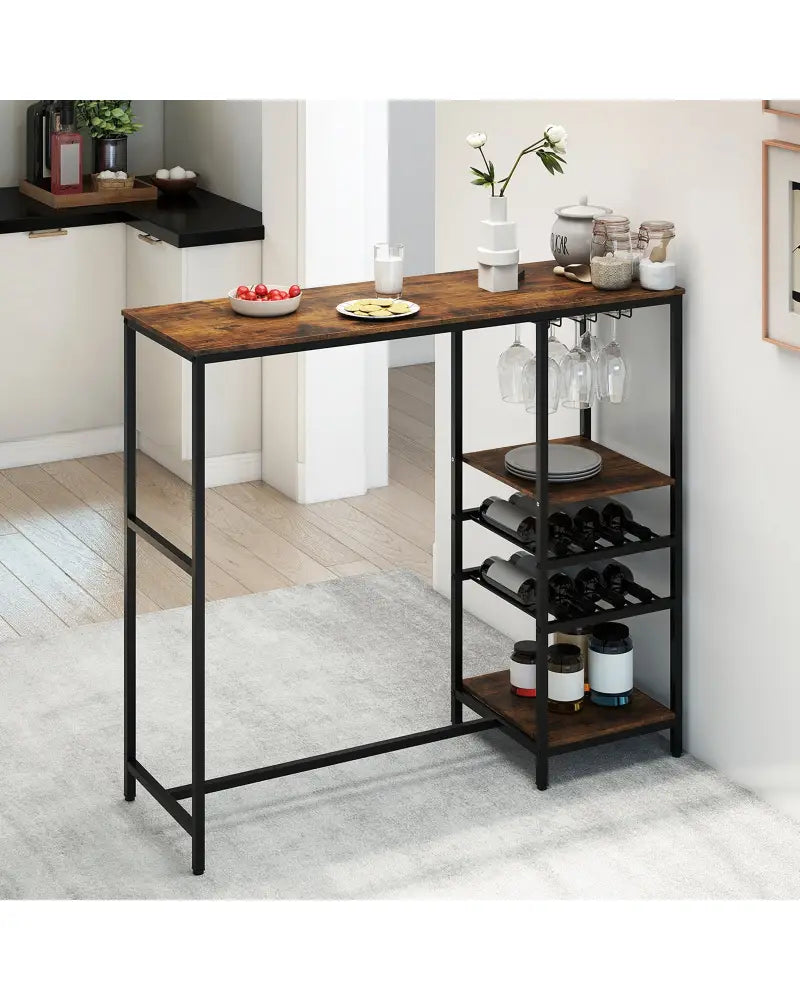 Long Bar Table Bar Height Dining Table with Storage Shelves-Rustic Brown - Rustic Brown - Bar Tables