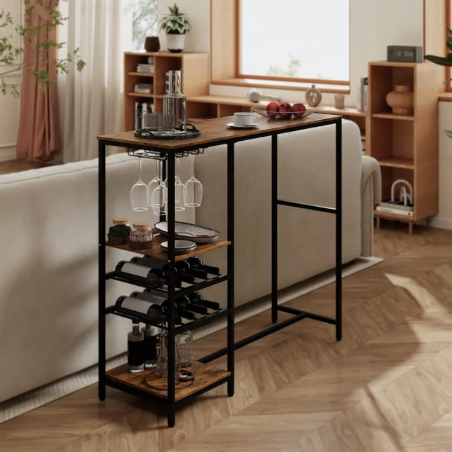 Long Bar Table Bar Height Dining Table with Storage Shelves-Rustic Brown - Rustic Brown - Bar Tables