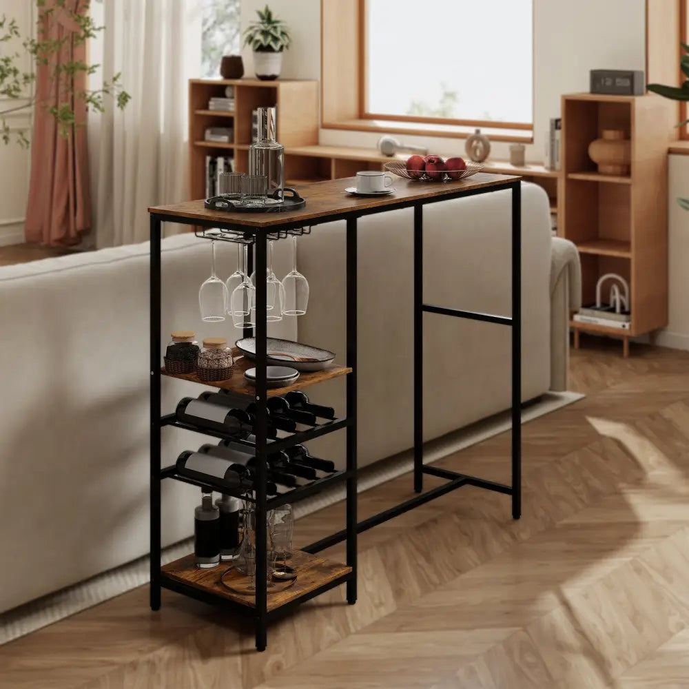 Long Bar Table Bar Height Dining Table with Storage Shelves-Rustic Brown - Rustic Brown - Bar Tables