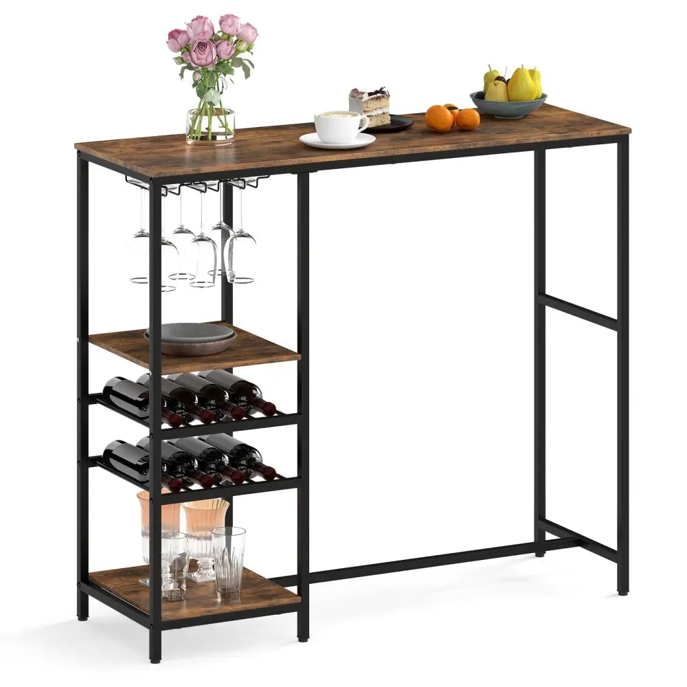 Long Bar Table Bar Height Dining Table with Storage Shelves-Rustic Brown - Rustic Brown - Bar Tables