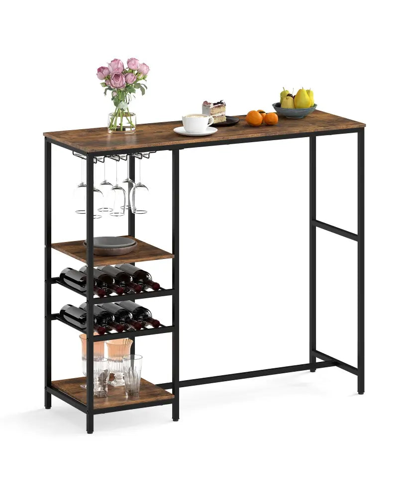 Long Bar Table Bar Height Dining Table with Storage Shelves-Rustic Brown - Rustic Brown - Bar Tables