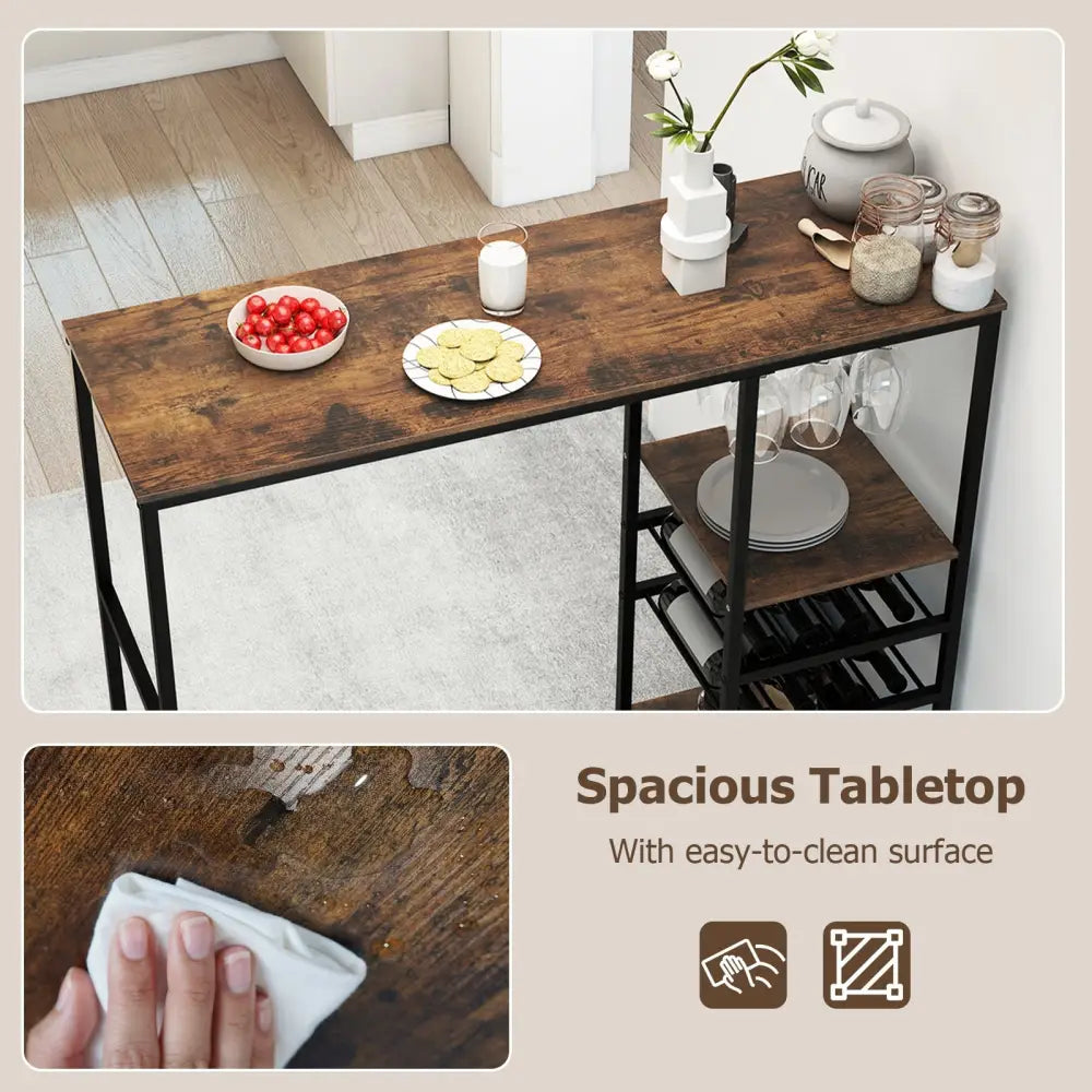 Long Bar Table Bar Height Dining Table with Storage Shelves-Rustic Brown - Rustic Brown - Bar Tables