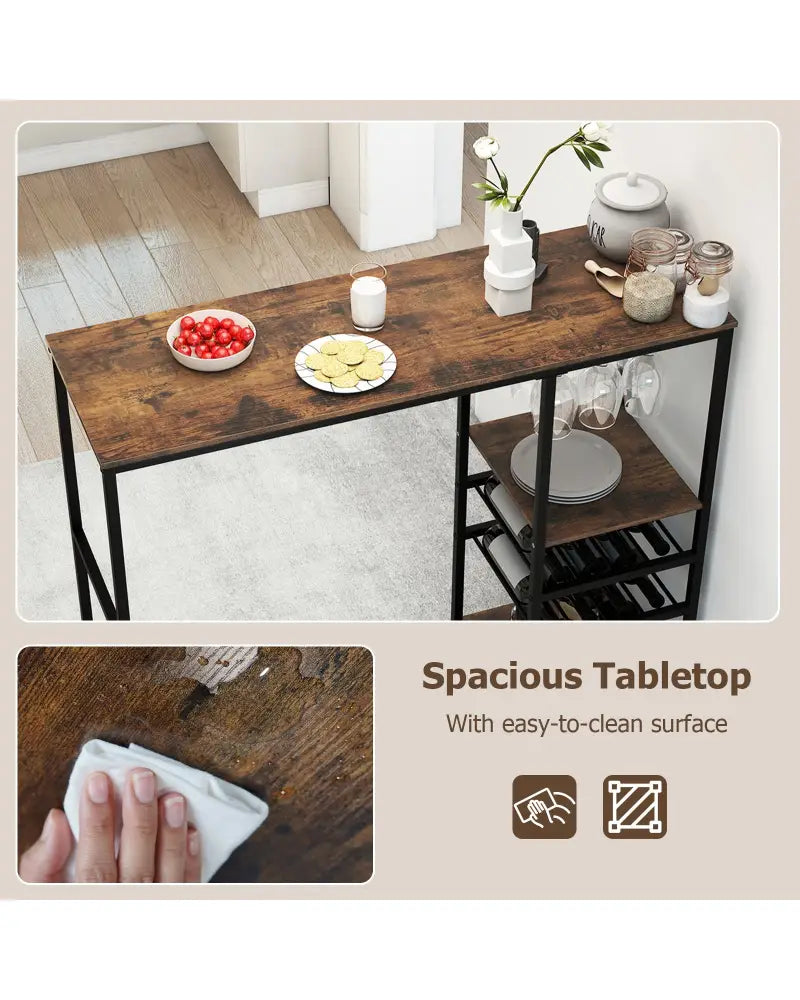 Long Bar Table Bar Height Dining Table with Storage Shelves-Rustic Brown - Rustic Brown - Bar Tables
