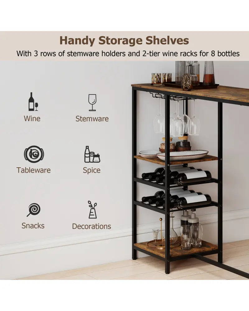 Long Bar Table Bar Height Dining Table with Storage Shelves-Rustic Brown - Rustic Brown - Bar Tables