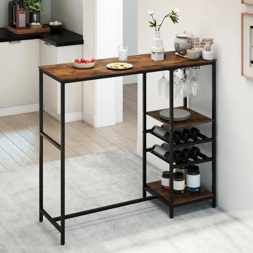 Long Bar Table Bar Height Dining Table with Storage Shelves-Rustic Brown - Rustic Brown - Bar Tables