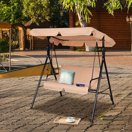 Loveseat Cushioned Patio Steel Frame Swing Glider -Beige - Beige - Porch Swings