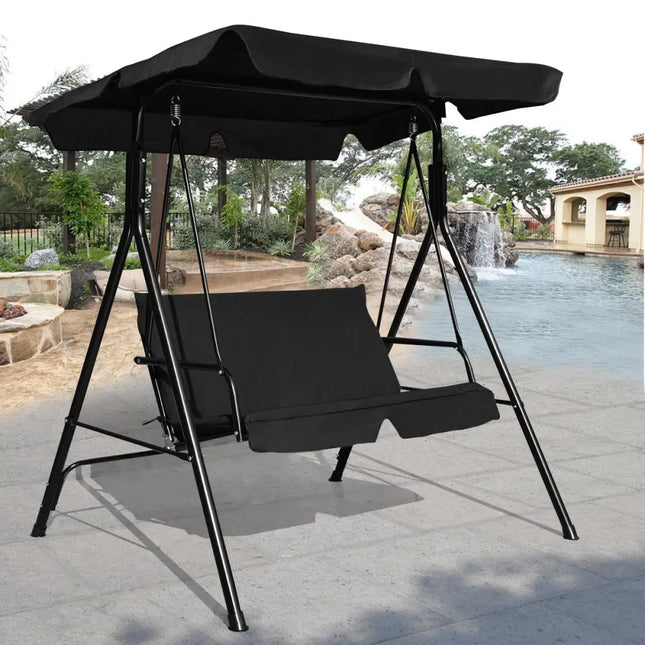 Loveseat Cushioned Patio Steel Frame Swing Glider -Black - Black - Porch Swings