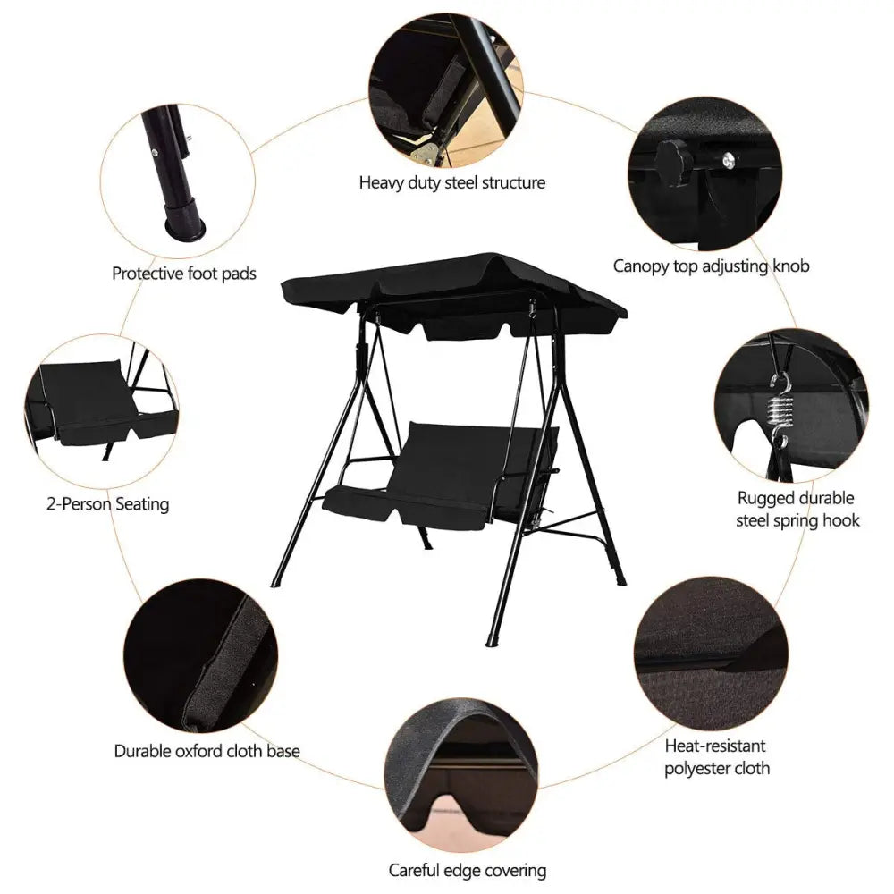 Loveseat Cushioned Patio Steel Frame Swing Glider -Black - Black - Porch Swings