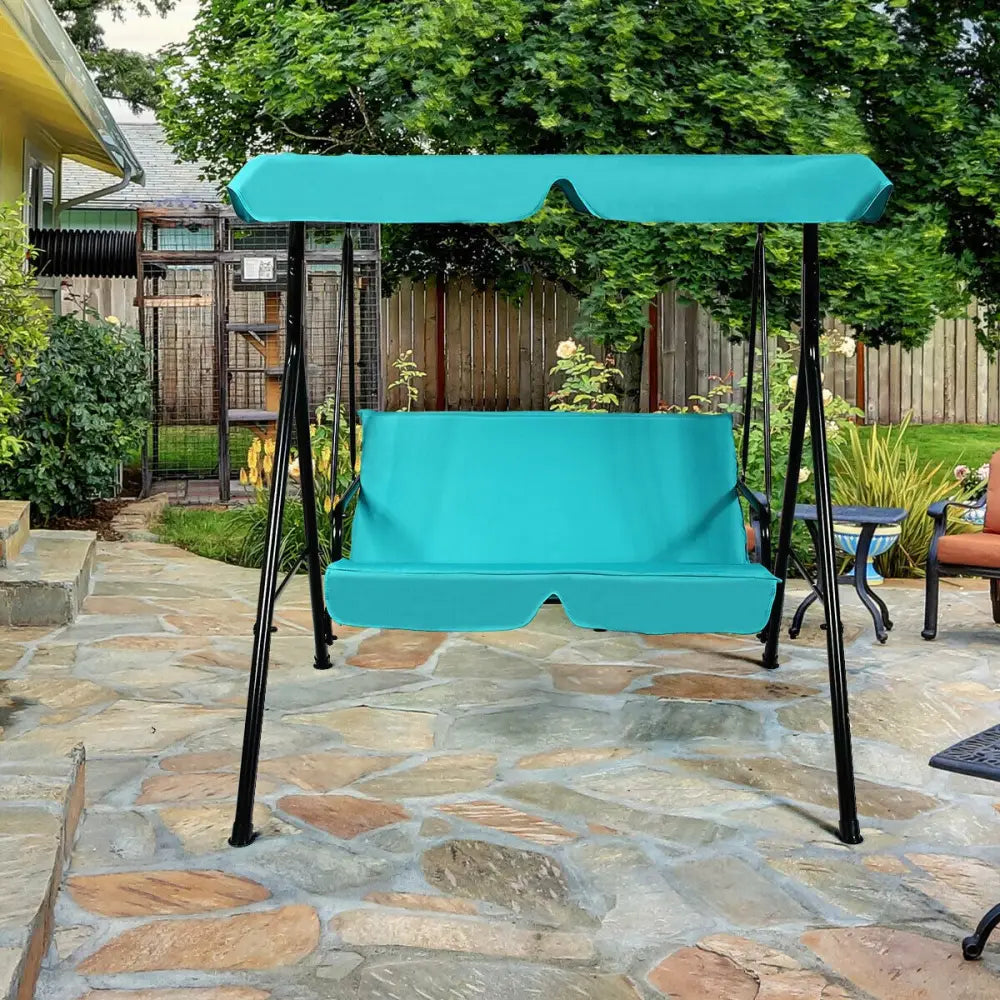 Loveseat Cushioned Patio Steel Frame Swing Glider -Blue - Blue - Porch Swings