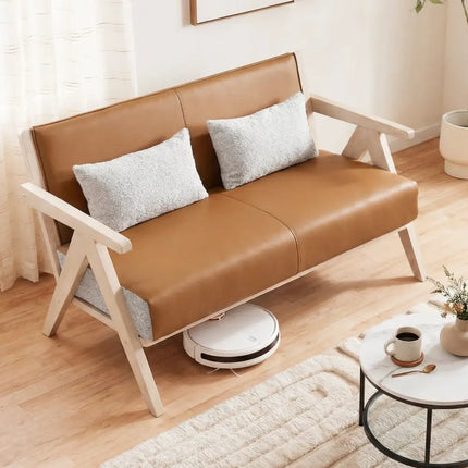 Loveseat Sofa for Small Spaces with Throw Pillows Rubber Wood Frame Padded Seat-Brown - Brown - Sofas & Loveseats
