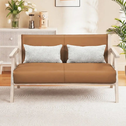 Loveseat Sofa for Small Spaces with Throw Pillows Rubber Wood Frame Padded Seat-Brown - Brown - Sofas & Loveseats