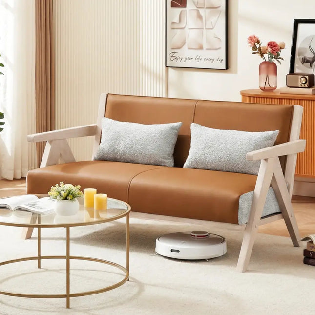Loveseat Sofa for Small Spaces with Throw Pillows Rubber Wood Frame Padded Seat-Brown - Brown - Sofas & Loveseats