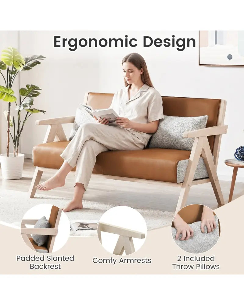 Loveseat Sofa for Small Spaces with Throw Pillows Rubber Wood Frame Padded Seat-Brown - Brown - Sofas & Loveseats