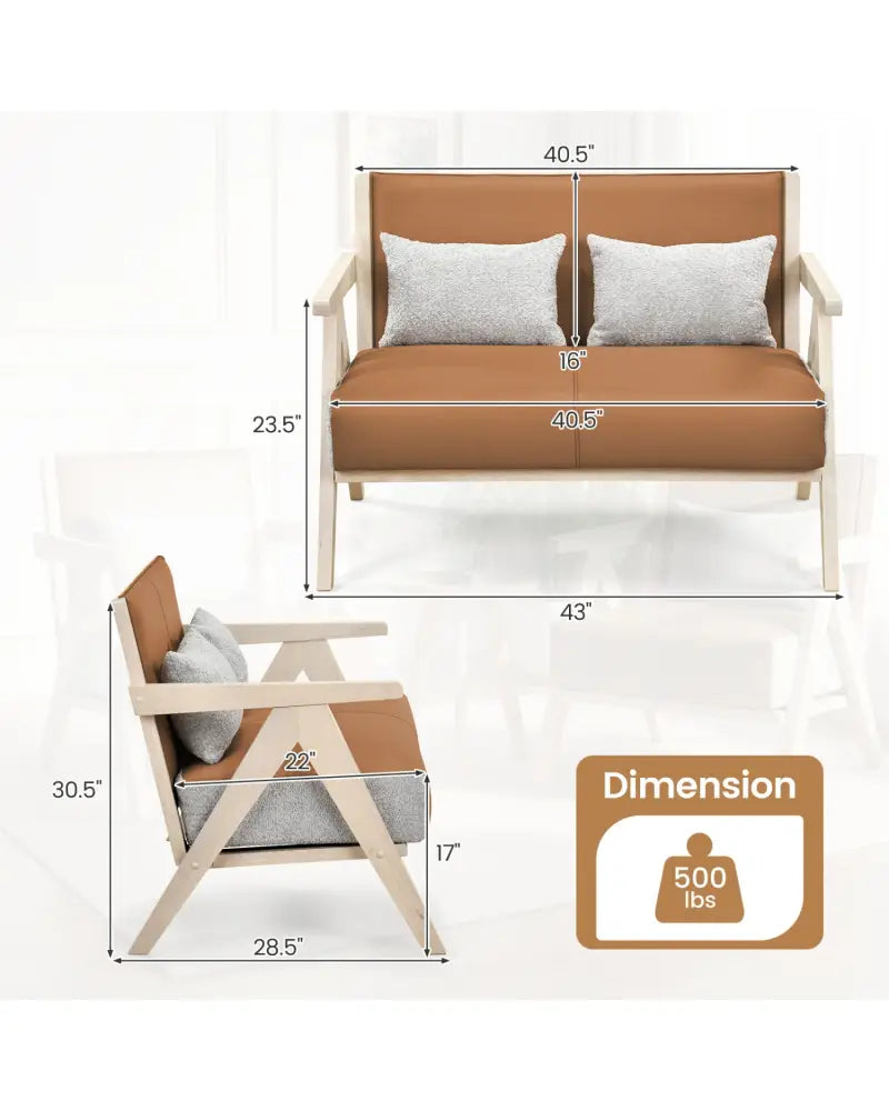 Loveseat Sofa for Small Spaces with Throw Pillows Rubber Wood Frame Padded Seat-Brown - Brown - Sofas & Loveseats